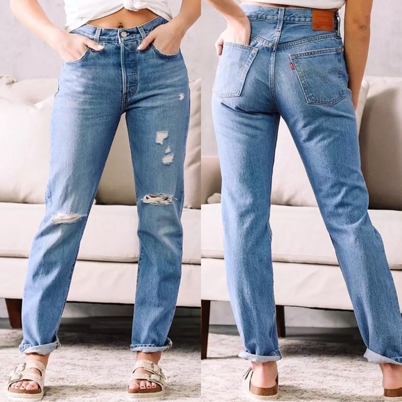 NWT 501 High Rise Distressed Straight Jean in‎ Athens Crown Size 32 x 30 - Picture 1 of 9